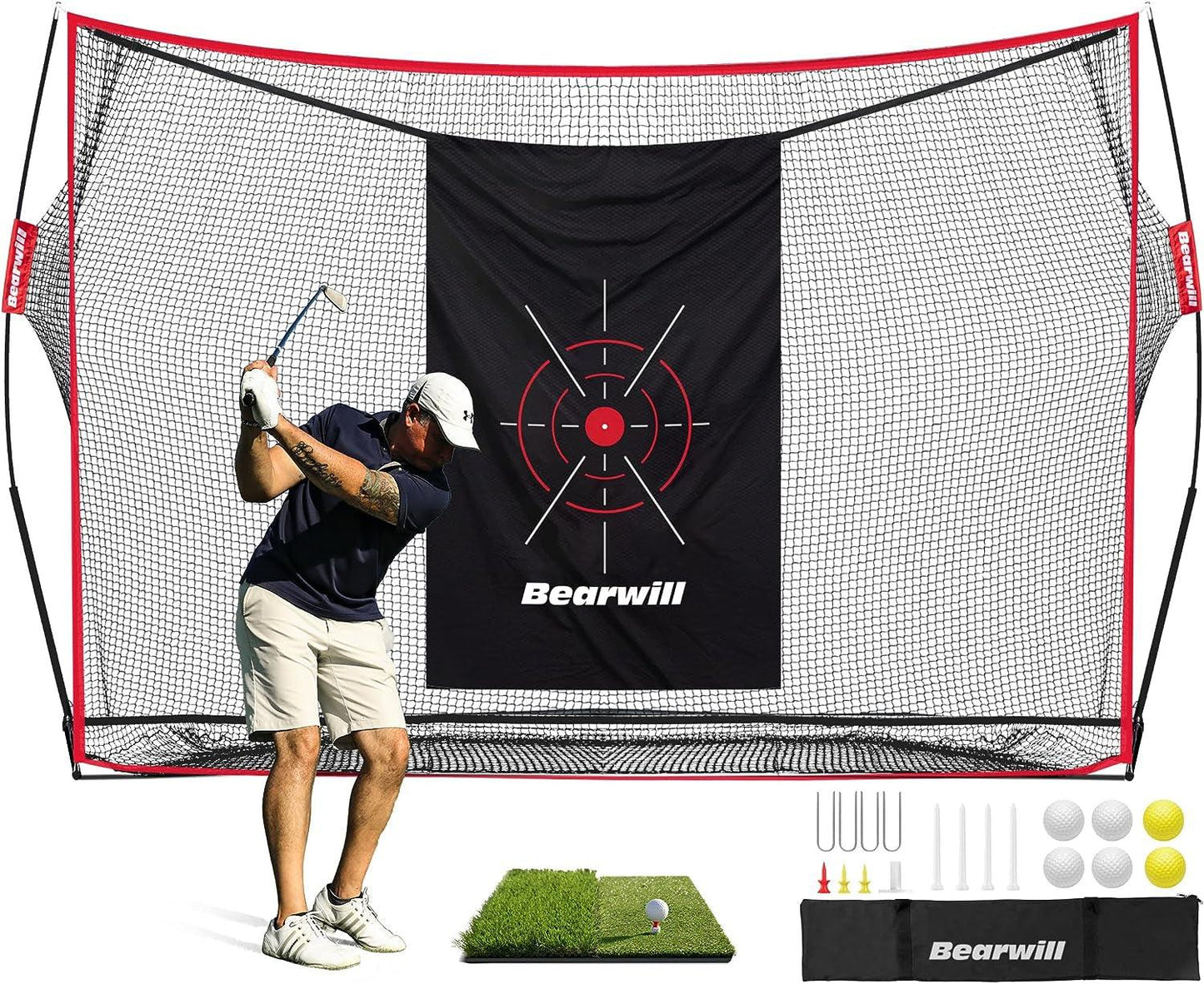 Golf Net, 10X7Ft Heavy Duty Golf Practice Net with Golf Mat, Target Cloth, 8 Golf Tees, 6 Golf Balls, Carry Bag, Golf Training Net for Backyard Driving Chipping Indoor Outdoor Training - Universal Wellness Group Pty Ltd