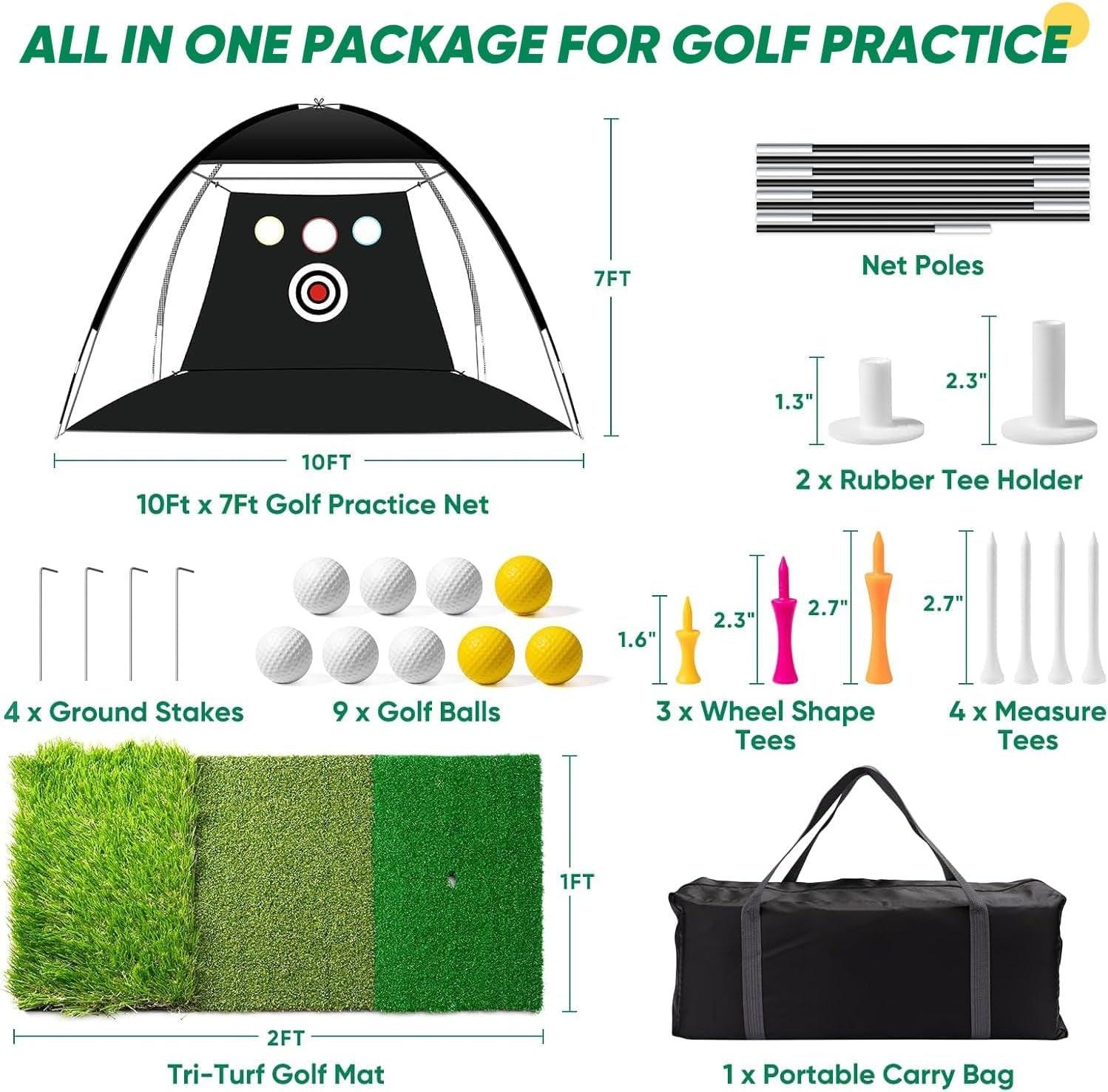 Golf Net, 10X7Ft Durable Golf Practice Net for Backyard Driving & Garage - All-In-1 Golf Hitting Net with Golf Mat, 9 Golf Balls, 9 Golf Tee, and Carry Bag for Training - Universal Wellness Group Pty Ltd