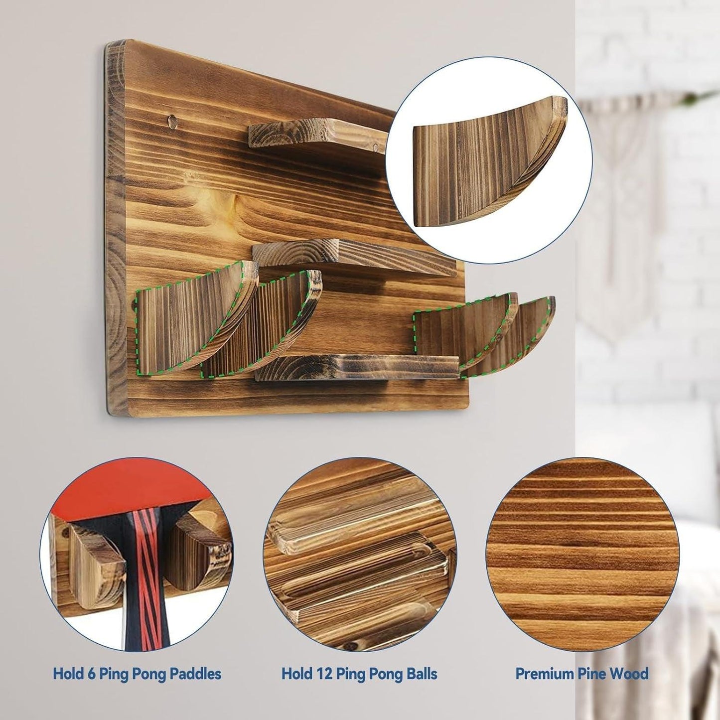 Table Tennis Paddle Holder, Wall Mounted Table Tennis Rack Holds 6 Paddles and 12 Balls Table Tennis Racket Display Accessories Organizer for Game Room, Home - Universal Wellness Group Pty Ltd